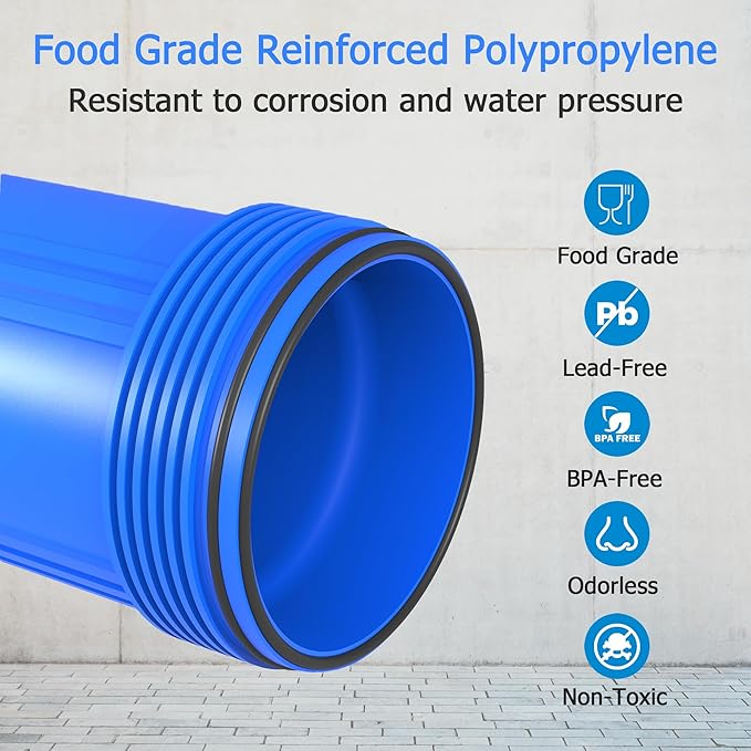 WHB20 Whole House Water Filter Housing, Fit 20"x4.5" Sediment etc Filters for Well and City Water, Big Filter Blue Pre-Filtration System for Home, 1" NPT Port, Pressure Release