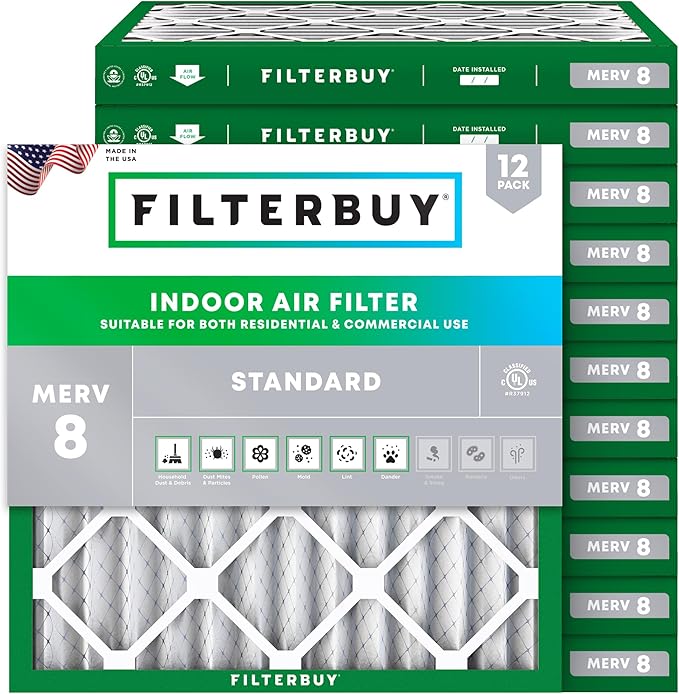 Filterbuy 18x18x2 Air Filter MERV 8 (MPR 700) Dust Defense Replacement (12-Pack), Electrostatic Pleated HVAC AC Furnace Filters, Made in USA (Actual Size: 17.75 x 17.75 x 1.75)