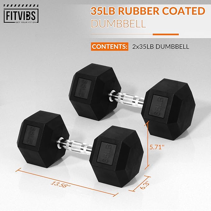 Rubber Encased Hex Dumbbell, Hand Weights with Anti-Slip Cast Iron Grip for Exercise & Fitness, Weights Dumbbells Set of 2 for Strength Training, 5-50 LBS Pair-FlexoryFit