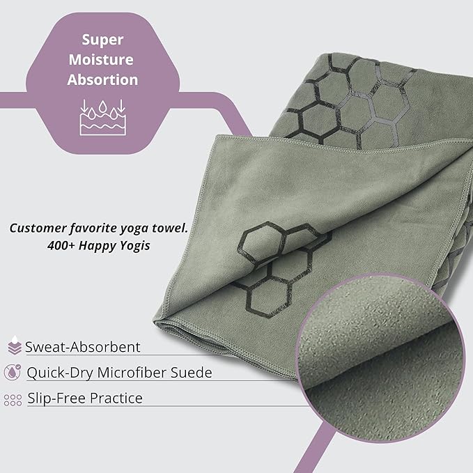 Clever Yoga Non-Slip Hot Yoga Towel – Non-Slip Grip for Hot Yoga, Sweat Absorbent, Honeycomb Silicone Grip, Stays Flat – Ideal for Pilates, Travel, Washable & Lightweight - Olive-FlexoryFit