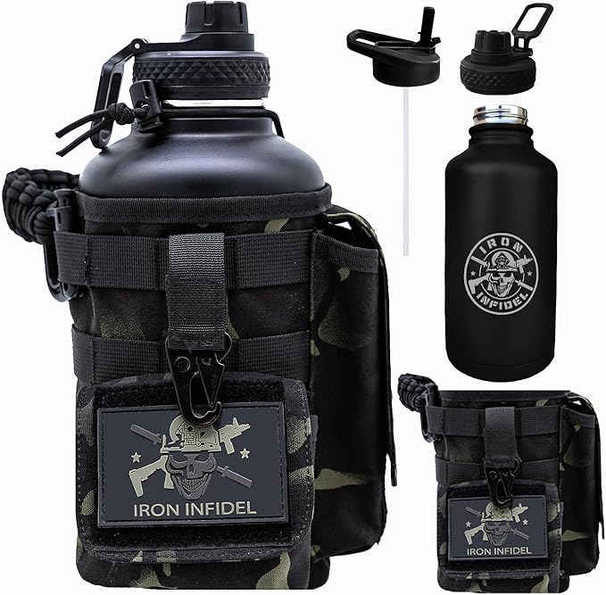 Iron Infidel Battle Bottle - Half Gallon Insulated Water Bottle with Paracord Handle - Large 64 oz Stainless Steel Water Jug & Rugged, Removable Sleeve For Keys, Wallet, Phone (Black Camo 2 Liter)-FlexoryFit