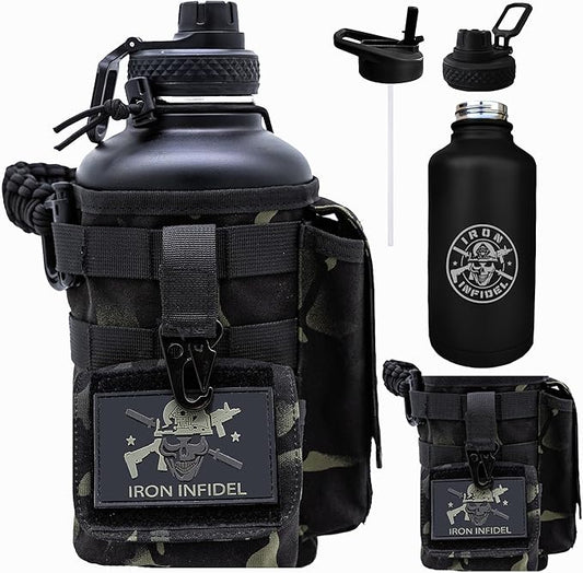 Iron Infidel Battle Bottle - Half Gallon Insulated Water Bottle with Paracord Handle - Large 64 oz Stainless Steel Water Jug & Rugged, Removable Sleeve For Keys, Wallet, Phone (Black Camo 2 Liter)-FlexoryFit