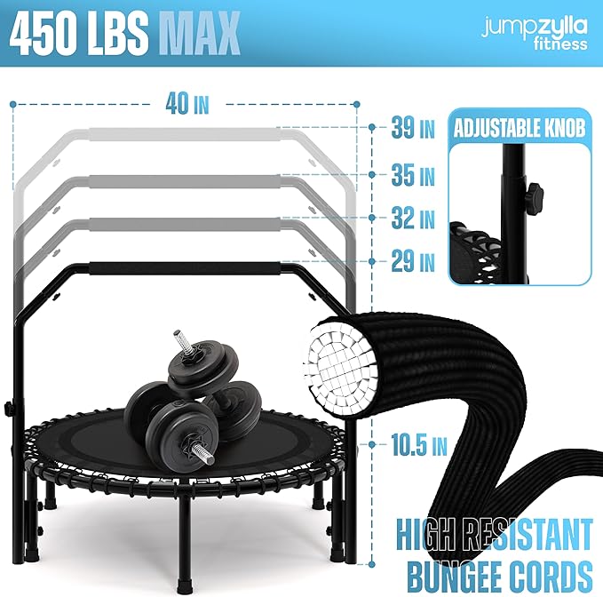 Jumpzylla Fitness Trampoline 40" or 48" | Foldable Mini Rebounder Trampoline for Adults with Bar | Durable, Quiet, Low-Impact Exercise Equipment for Indoor and Home Workouts (550 LBS Capacity)-FlexoryFit