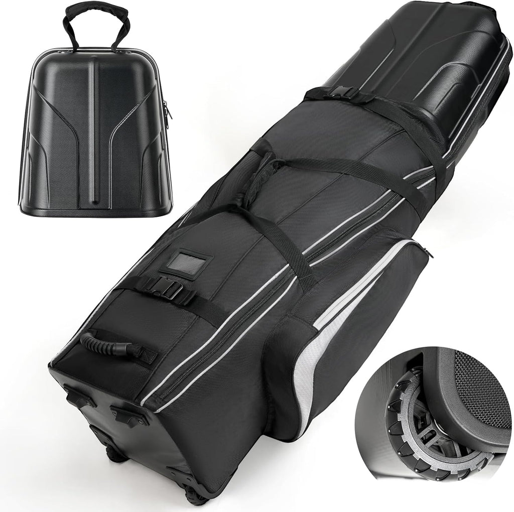 Hard Case Golf Travel Bags for Airlines with Oversize Tank Wheels, 2100D Oxford Fabric Soft Golf Club Carry Bags, Hard Cse Top Protect Club Travel Cover, Foldable for Easy to Maneuver