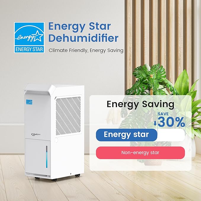 3,500 Sq.Ft Most Efficient Energy Star 2024 Dehumidifier, Vellgoo Max 60 Pint/D (Standard 35 Pint/D) Compressor Dehumidifier with Drain Hose, Intelligent Humidity Control for Basement, Home, Bedroom