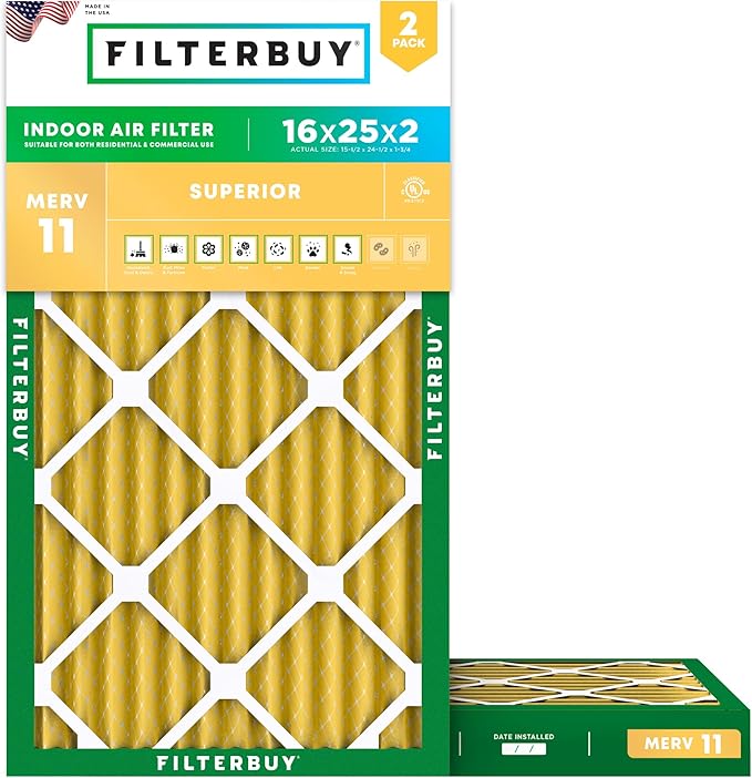 Filterbuy 16x25x2 Air Filter MERV 11 (MPR 1200) Allergen Defense Replacement (2-Pack), Electrostatic Pleated HVAC AC Furnace Filters, Made in USA (Actual Size: 15.50 x 24.50 x 1.75)