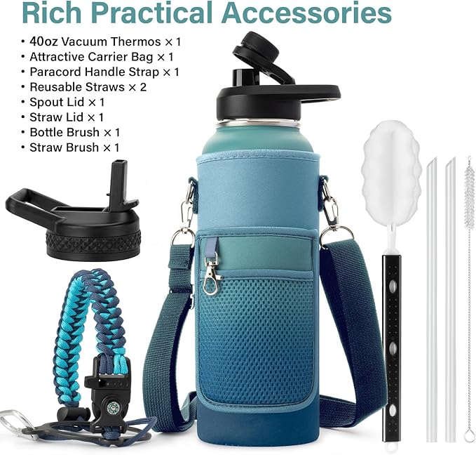 Insulated Water Bottle | Thickened Stainless Steel Vacuum Metal | Portable Sports Water Jug for Gym and Hiking with Straw, Carrier Bag, Handle Strap | BPA-Free 40 oz-FlexoryFit