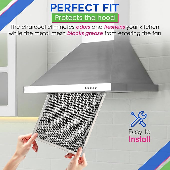 Bagean Stove Hood Vent Filter 8.50" x 11.25" LL62F Charcoal Grease Combo - Fits Ductless Broan Range Hood Filter Replacement - Metal Screen Filters Grease and Carbon Freshen Kitchen Stove Air (2-Pk)
