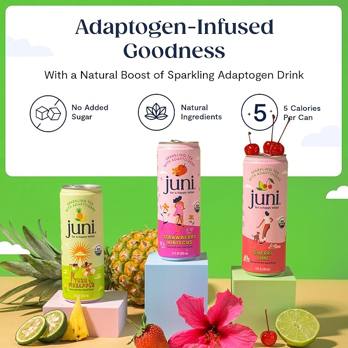 Juni Sparkling Adaptogen Drink with Ashwagandha, Lion's Mane & Reishi Mushrooms | Green Tea for Focus | Zero Sugar, 5 Calories | All Flavors 24-Pack-FlexoryFit