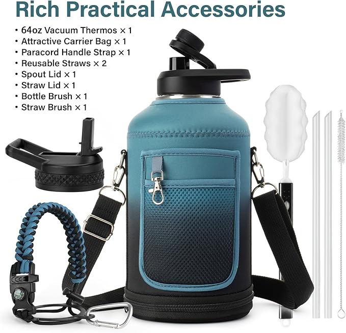 Insulated Water Bottle | Thickened Stainless Steel Vacuum Metal | Portable Sports Half Gallon Large Water Jug for Gym and Hiking with Straw, Carrier Bag, Handle Strap | BPA-Free 64 oz-FlexoryFit