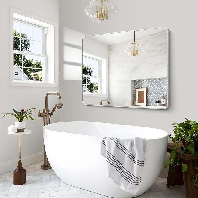 Silver Bathroom Mirror,40x48 inch Wall Mirror for Bathroom Wall Mounted,Rectangle Mirror for Bathroom Over Sink,Modern Frame Round Corner for Living Room,Bedroom Entryway,Horizontal/Vertical