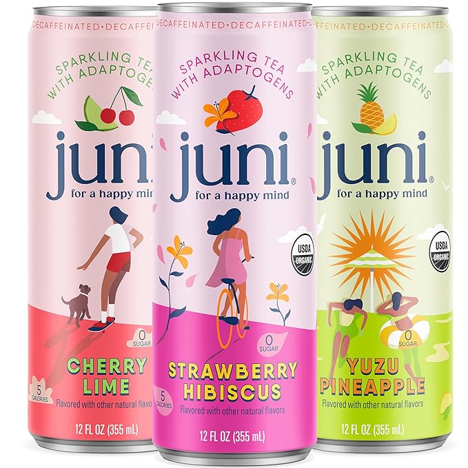 Juni Sparkling Adaptogen Drink with Ashwagandha, Lion's Mane & Reishi Mushrooms | Green Tea for Focus | Zero Sugar, 5 Calories | All Flavors 24-Pack-FlexoryFit