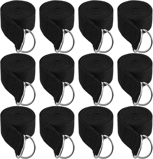 12 Pack Yoga Straps for Stretching, 6 Ft Black Exercise Bands with Adjustable D Ring Buckles for Pilates, Gym Fitness, Flexibility Training, Men Women-FlexoryFit