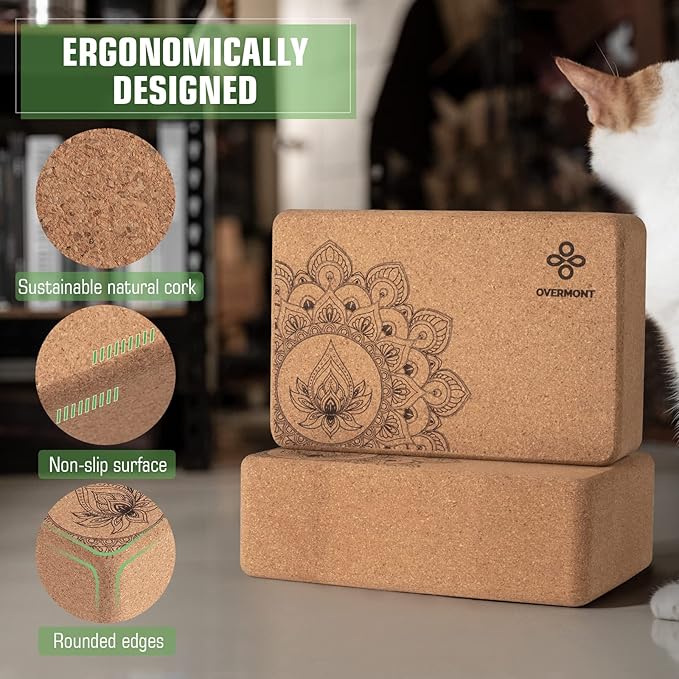 Overmont Cork Yoga Blocks 2 pack with 8ft Strap Natural Cork Bricks- High Density & Eco Friendly Yoga Accessories for Women - Ideal for Yoga Pilates General Fitness and Stretching 9x6x3''-FlexoryFit
