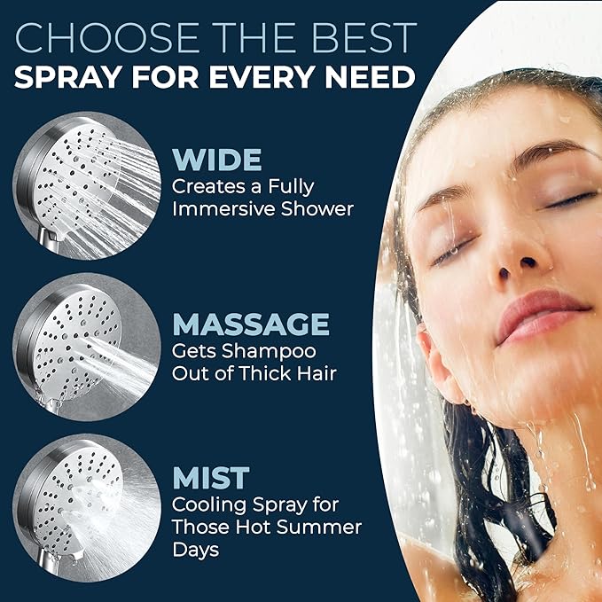 HammerHead Showers Solid Metal 3-Spray Handheld Shower Head with Long Hose and Holder, High Pressure, Wide/Massage/Mist Sprays, Brushed Nickel, 1.75 GPM