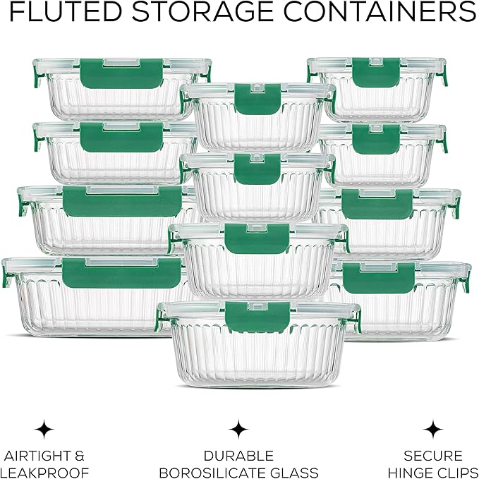 JoyJolt 24pc Borosilicate Glass Storage Containers with Lids | 12 Airtight/Freezer Safe Food Storage Containers for Pantry and Kitchen | Meal Prep Container for Lunch | Glass Tupperware Set-FlexoryFit