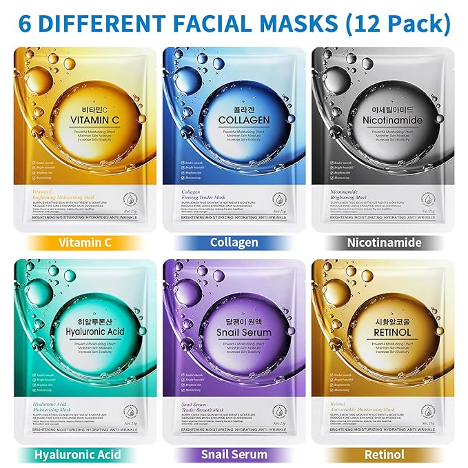12 Pack Sheet Face Masks Skincare (Collagen, Hyaluronic acid, Snail, Retinol, Vitamin C, Niacinamide) Collagen Face Mask Hydrating Face Masks for Women Skin Care, Moisturizing, Brightening, Anti-Aging-FlexoryFit
