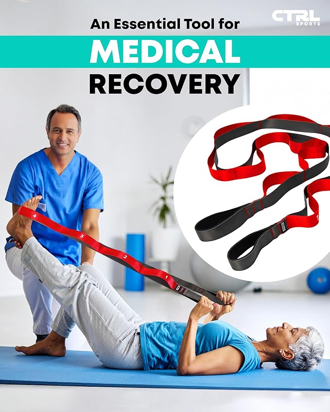Stretching Strap with Loops - Non Elastic Stretch Band for Physical Therapy, Yoga Strap for Stretching Equipment, Stretch Bands for Exercise and Flexibility - Fascia, Hamstring & Leg Stretcher Belt-FlexoryFit