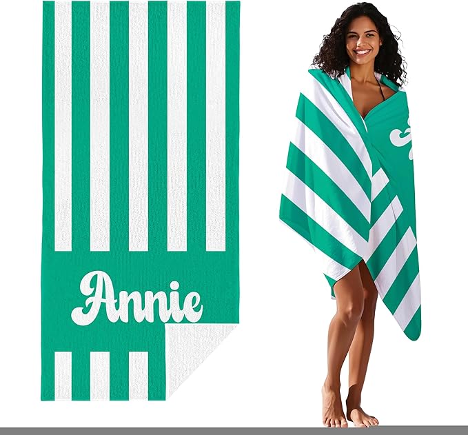 JML Personalized Beach Towel with Name, Custom Cabana Stripe Beach Towel, Customized Microfiber Pool Towel, Quick Dry & Absorbent Swim Towel for Adult,Mother's Day, Birthday, Summer Holiday,Vacation-FlexoryFit