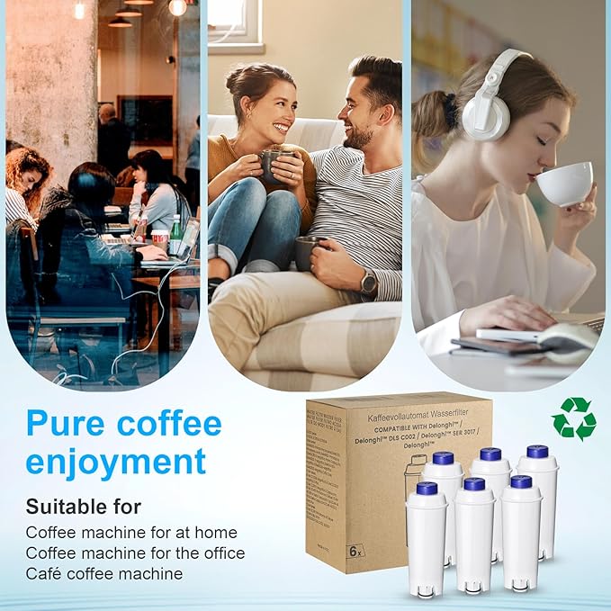 Coffee Machine Fitler, Delonghi Filter Replacement for DeLonghi DLSC002, Delonghi Magnifica Evo, Dinamica Plus, ESAM, ETAM, BCO, EC. Activated Carbon Water Filter Cartridges Softener (6 Pcs)