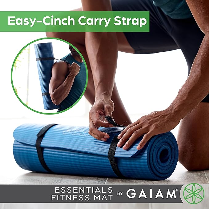 Gaiam Essentials Thick Yoga Mat Fitness & Exercise Mat with Easy-Cinch Yoga Mat Carrier Strap, 72"L x 24"W x 2/5 Inch Thick-FlexoryFit