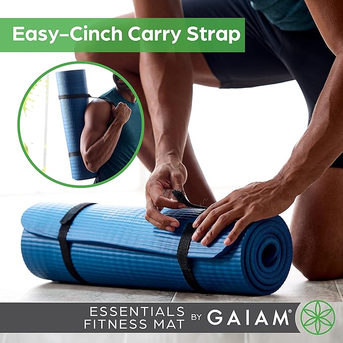 Gaiam Essentials Thick Yoga Mat Fitness & Exercise Mat with Easy-Cinch Yoga Mat Carrier Strap, 72"L x 24"W x 2/5 Inch Thick-FlexoryFit