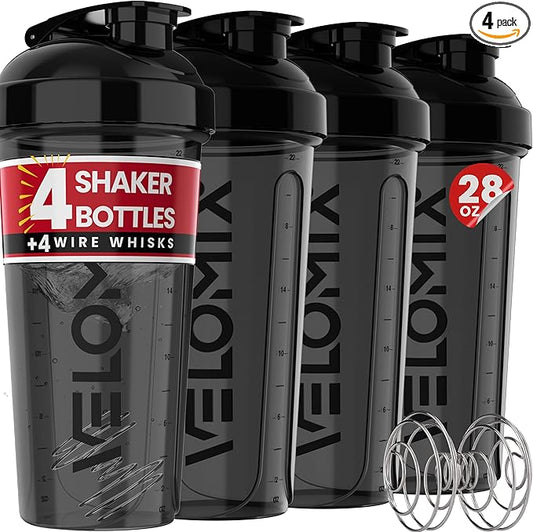 '-4 PACK- 28 oz Protein Shaker Bottle for Protein Mixes - 4x Wire Whisk | Leak Proof Shaker Cups for Protein Shakes | Protein Shaker Bottle Pack | Protein Shake Cup(All in Black)-FlexoryFit