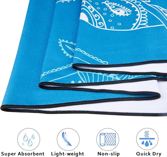 QiyI Yoga Mat Towel with Corner Pockets, Non Slip Sweat Absorbent Hot Yoga Towels, Soft Yoga Blankets with Travel Bag, Skidless Mat Cover for Workout, Gym, Fitness - 70"x26", Blue Mandala Elephant-FlexoryFit