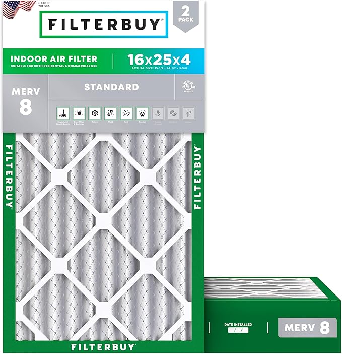 Filterbuy 16x25x4 Air Filter MERV 8 (MPR 700) Dust Defense Replacement (2-Pack), Electrostatic Pleated HVAC AC Furnace Filters, Made in USA (Actual Size: 15.50 x 24.50 x 3.63)