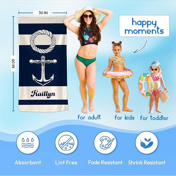 JML Personalized Beach Towel with Name, Custom Anchor Beach Towel, Customized Microfiber Pool Towel, Quick Dry & Absorbent Swim Towel for Adult,Mother's Day, Birthday, Summer Holiday,Vacation-FlexoryFit