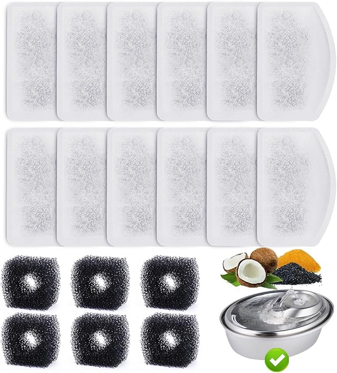 12 Pack Replacement Filters for D60 100oz/3L Automatic Pet Fountain, ZEKIRY Carbon Cat Water Fountain Filters, Triple Filtration Pet Fountain Filter Replacement(6Pcs Pump Filters)