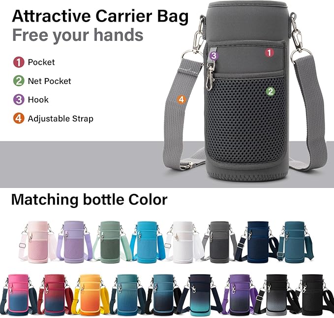 Insulated Water Bottle | Thickened Stainless Steel Vacuum Metal | Portable Sports Water Jug for Gym and Hiking with Straw, Carrier Bag, Handle Strap | BPA-Free 32 oz-FlexoryFit