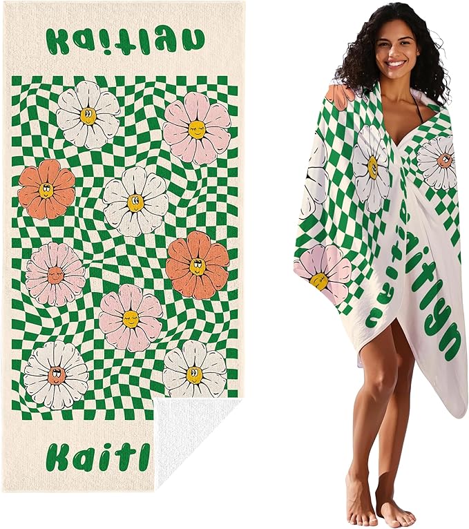 JML Personalized Beach Towel with Name, Custom Flower Beach Towel, Customized Microfiber Pool Towel, Quick Dry & Absorbent Swim Towel for Adult,Mother's Day, Birthday, Summer Holiday,Vacation-FlexoryFit