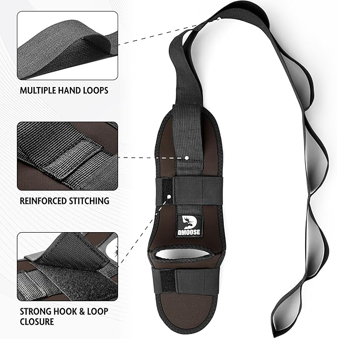 DMoose Fitness Foot & Calf Stretcher with Adjustable Padded Stretching Strap for Plantar Fasciitis, Hamstring, Heel Spurs and Achilles Tendonitis Relief - Yoga Leg Stretch Strap for Flexibility-FlexoryFit