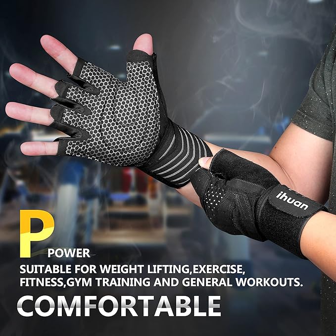 ihuan Ventilated Weight Lifting Gym Workout Gloves with Wrist Wrap Support for Men & Women, Full Palm Protection, for Weightlifting, Training, Fitness, Hanging, Pull ups-FlexoryFit