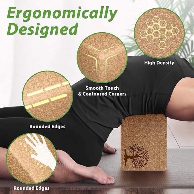 Cork Yoga Blocks 2 Pack Set, Natural Cork Soft Non-Slip Yoga Blocks, High Density & Eco Friendly Yoga Accessories for Women| Men, Ideal for Yoga, Pilates, Stretching and Toning-FlexoryFit