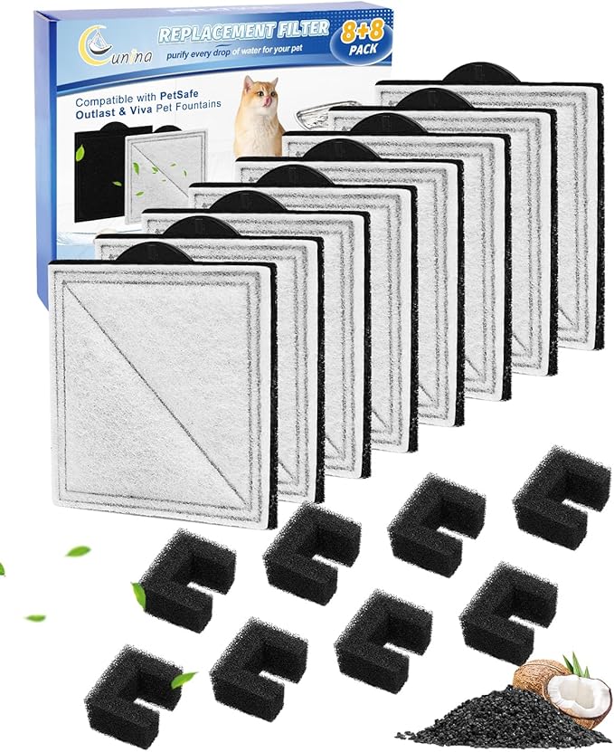 8+8 Pack Cat Fountain Filter Replacement Kit Fit for Viva Pet Water Fountains for Cats and Dogs, Carbon Filters Compatible with PetSafe Outlast Fountain