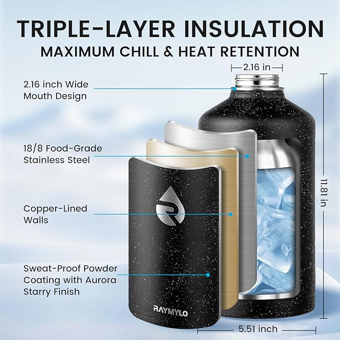 128oz Insulated Water Bottle, Triple Wall Vacuum Stainless Steel Water Bottles - Keeps Cold 48H, Reusable One Gallon Flask Jug for Gym, Sports, Camping, Hiking,Travel, Black Speckled-FlexoryFit