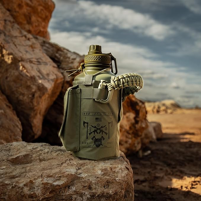 Iron Infidel Battle Bottle - Half Gallon Insulated Water Bottle with Paracord Handle, Large 64 oz Stainless Steel Water Jug with Rugged, Removable Sleeve for Keys, Wallet, & Phone (Live Free 2 Liter)-FlexoryFit