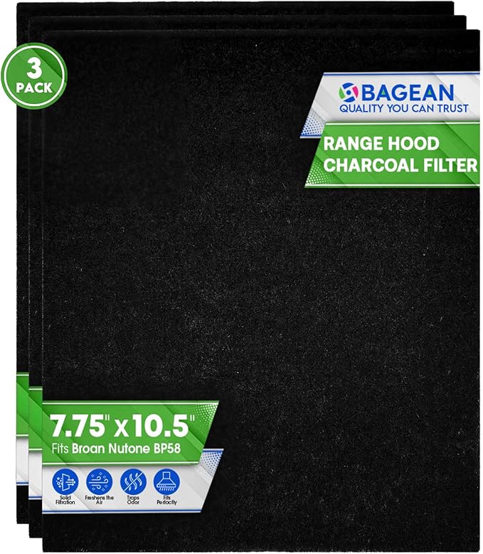 Range Hood Charcoal Filter 7.75” x 10.5” - Fits Broan and Nutone BP58 For 43000 Series Range Hoods - Broan Range Hood Filter Replacement - Carbon Stove Vent Fan Filters Removes Kitchen Odors (3-Pack)