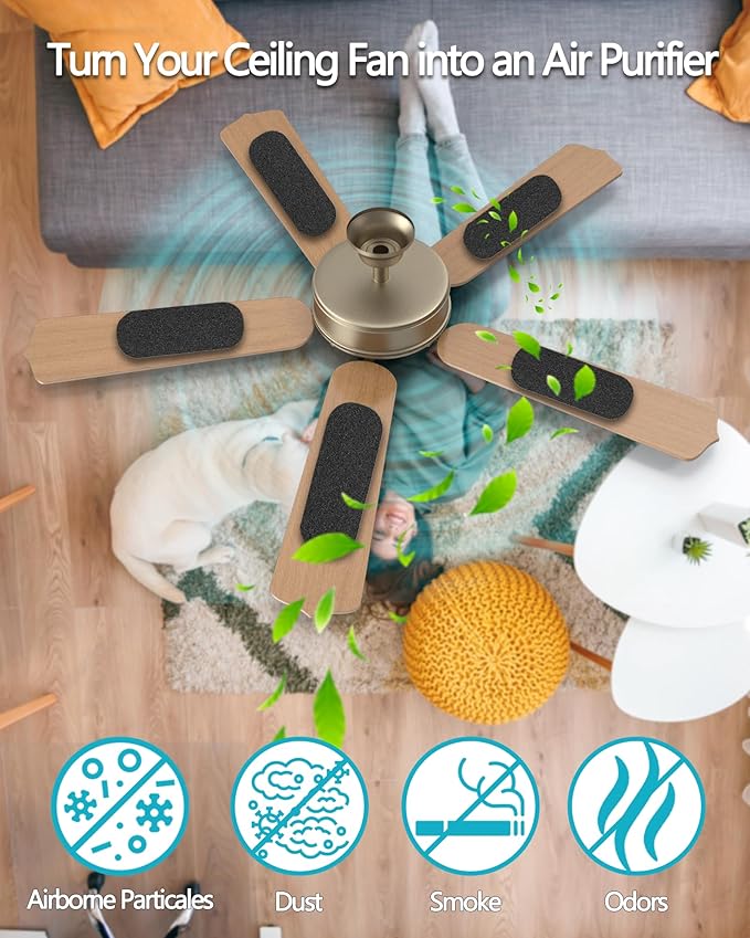 JUIN Ceiling Fan Filters for Blades: Universal Activated Coconut Shell Carbon Filter Unscented Easy-Stick Ceiling Fan Air Filters for Home Office Bedroom Common Household Contaminants (15 Pack)