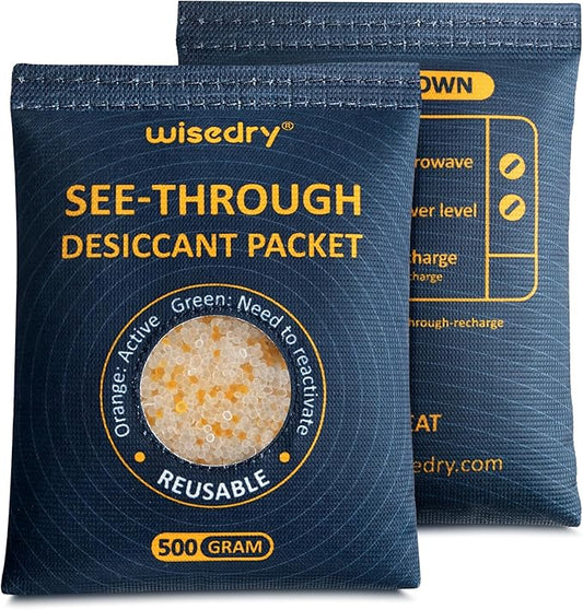 wisedry 500GX2 See-Through Silica Gel Packets, Color-Indicating Desiccant Packs for Storage, Reusable Safe Dehumidifier, Heat Resistant Dehumidifier Bags
