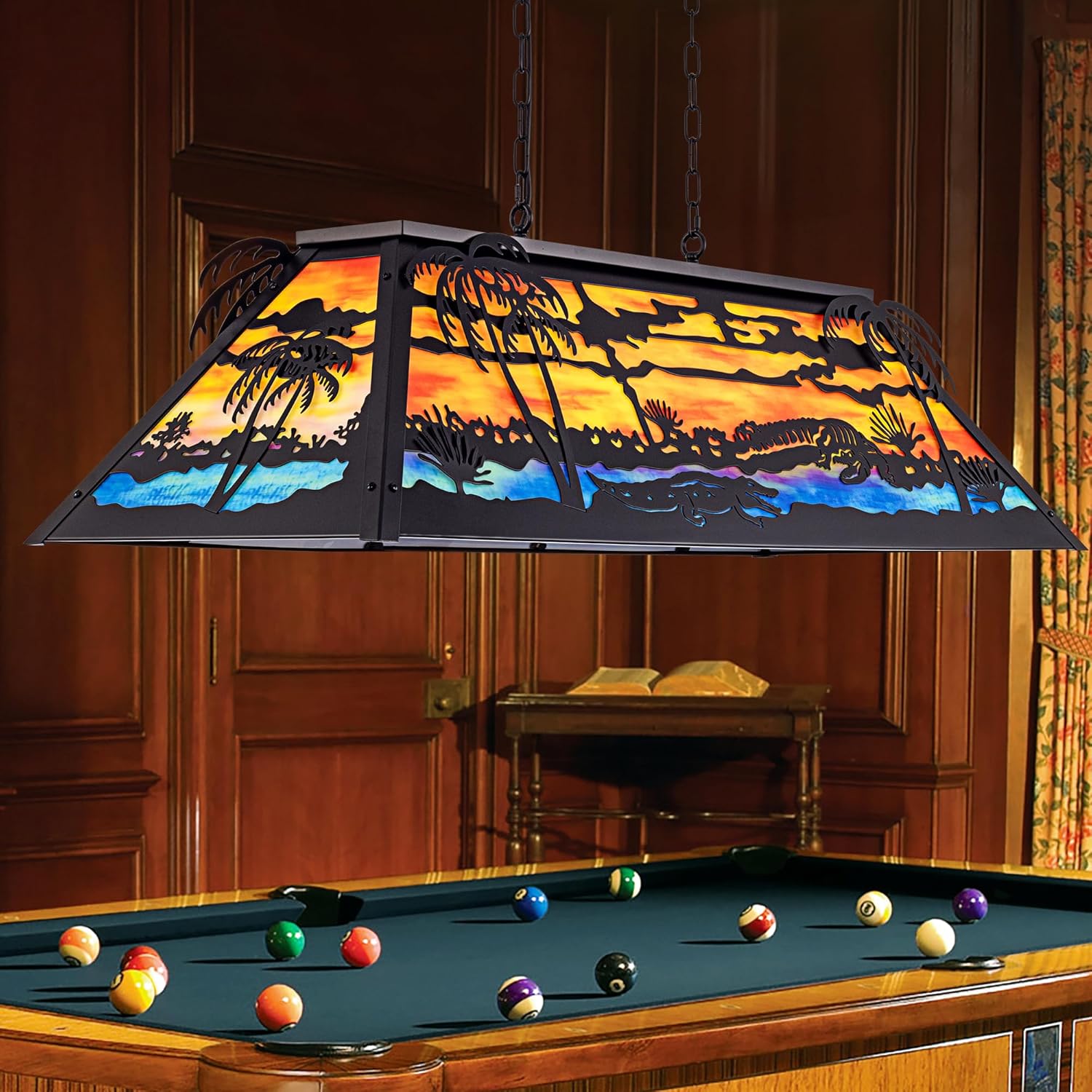 TOCHIC 48” Vintage Pool Table Light, 6-Light Farmhouse Dining Room Chandelier, Billiards Light Fixture with Tiffany-Style for Game Room Kitchen Island Chandelier Man Cave Club Bar
