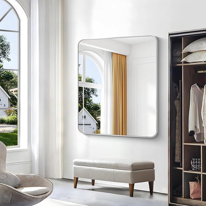 Silver Bathroom Mirror,40x48 inch Wall Mirror for Bathroom Wall Mounted,Rectangle Mirror for Bathroom Over Sink,Modern Frame Round Corner for Living Room,Bedroom Entryway,Horizontal/Vertical