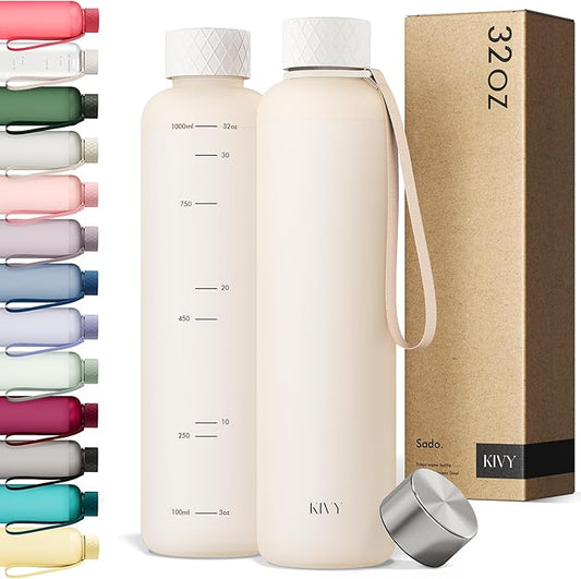 KIVY Slim Water Bottle 32oz [Lightweight & Shatterproof] Fits Backpack & Cupholder for Travel, Sports, School - Beige water bottle no straw - Cute aesthetic water bottles screw top - Dishwasher Safe-FlexoryFit