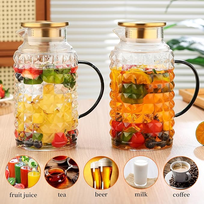 2 Pack 68oz/2L Glass Pitchers with Lids - Borosilicate Heat Resistant, Water Pitcher with Green Handle for Fridge, Iced Tea, Cold Brew & Lemonade - Home Kitchen Essential
