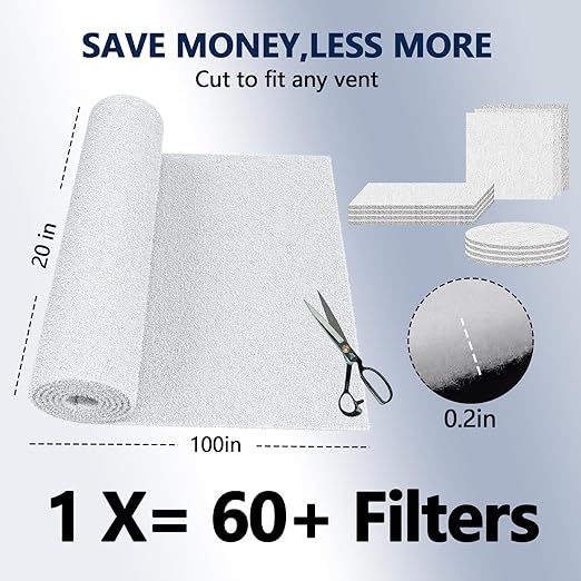 Air Vent Filter 20x100 Inch,Cut to Size Air Filter Material (60+ Filters), Electrostatic Triple Vent Filters for Floor, Ceiling, HVAC & RV Vents, Includes 48 Adhesive Hook Tape