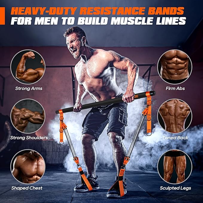 Pilates Bar Kit with Resistance Bands, Heavy Duty Pilates Equipment for Men, Strength Training Bar for Legs, Hip, Back, Arm, Abs, Chest, Shoulders, Portable Home Gym Full Body Workout Equipment-FlexoryFit