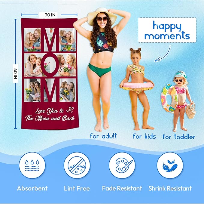 JML Mothers Day Birthday Gifts for Mom from Daughter Son, Personalized Beach Towel with Photo, Custom Beach Towel Gift for Mommy, Grandma, Women, Wife Anniversary Family Day, Summer, Holiday-FlexoryFit