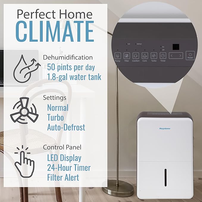 Keystone 50-Pint Portable Dehumidifier for Extra Large Rooms up to 4,500 Sq.Ft. with Auto-Shutoff & Timer - Quiet Home Dehumidifier and Moisture Absorber For Basement, Garage, Living Room